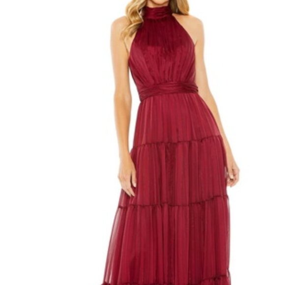 Mac Duggal Burgundy Red Bow Back Tiered A-Line Gown